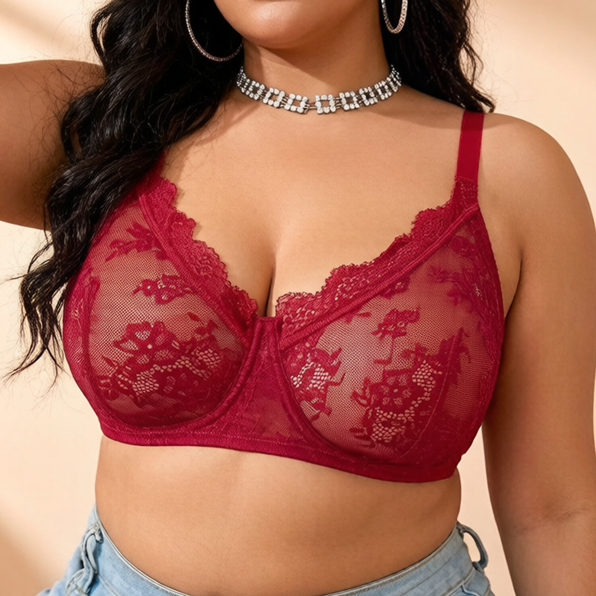Women Plus Size Red Lace Sheer - Sheer Bra Lace review and price